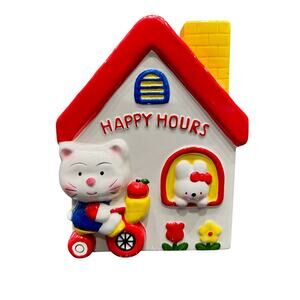 Kitty & bunny piggy bank vintage hello, happy hours red roof gift for kids coins